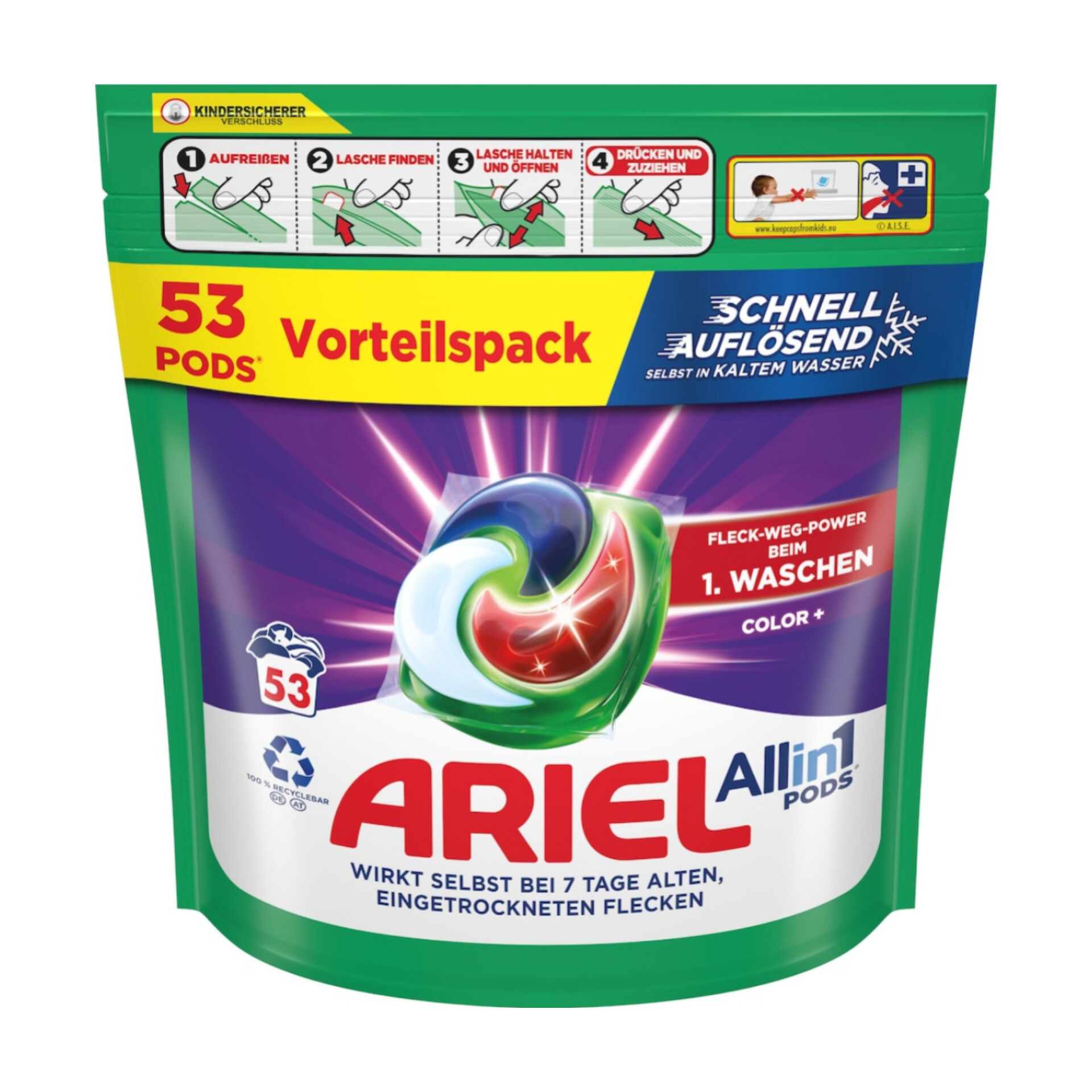 اریل قرص لباسشویی همراه لکه بر لباس رنگی اروپایی (Ariel All in 1 Pods +Color 53)