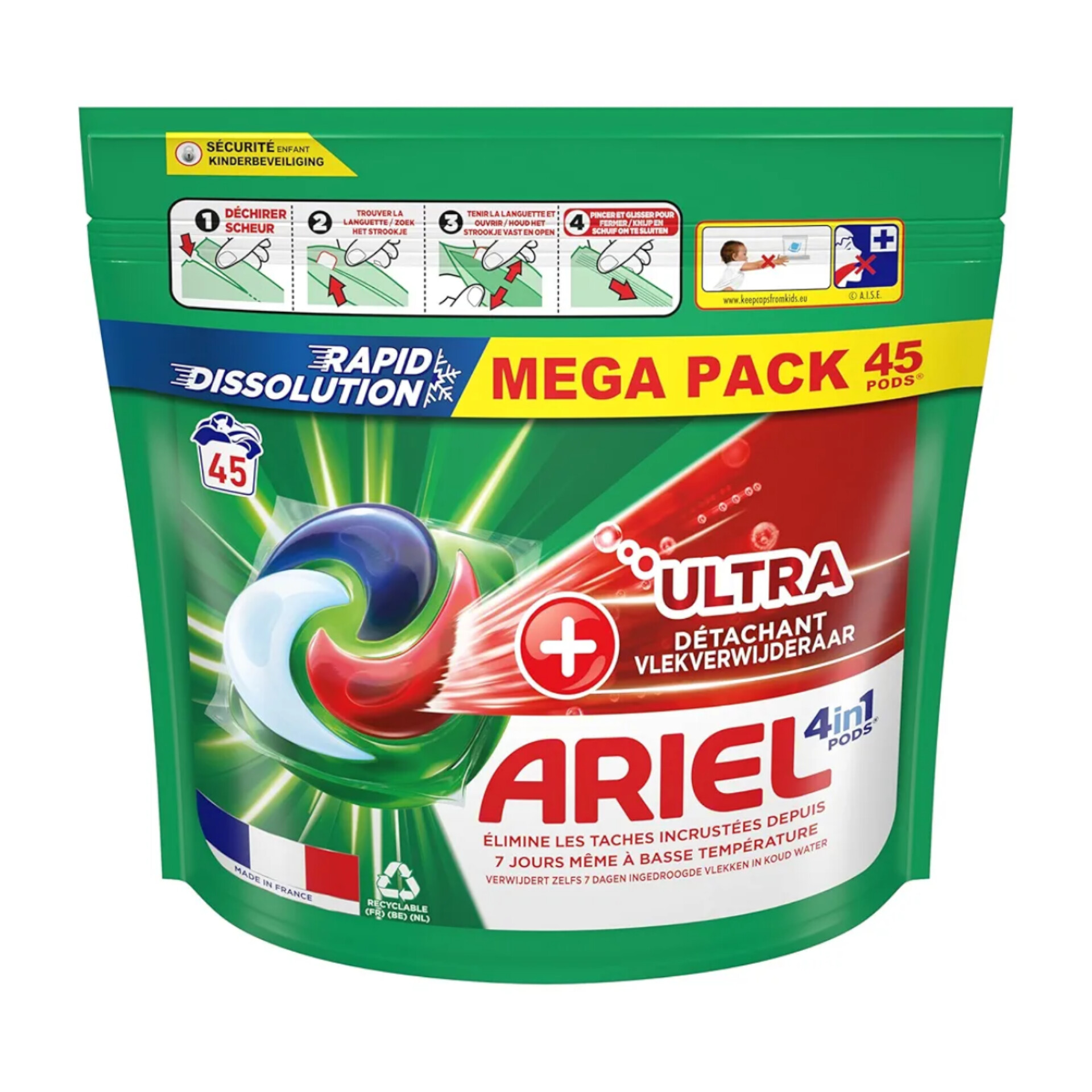 اریل الترا 4 در 1 قرص لباسشویی همراه با لکه بر قوی اروپایی (Ariel 4in1 Pods +ULTRA 45)